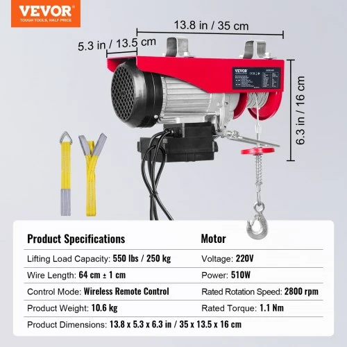 Koduva VEVOR elektrinė talė, 250 kg, 510 W, 220 V, belaidis nuotolinio valdymo pultas, 12 m