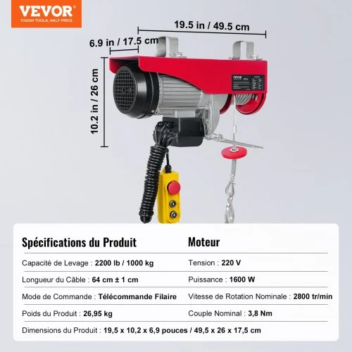 Koduva VEVOR elektrinė talja, 1000 kg kėlimo galia, 1600 W, 220 V, 427 cm laidinis pultas, 12 m viengubo lyno kėlimo aukštis