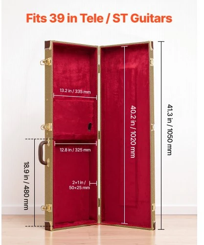 VEVOR Elektrinės gitaros kietas dėklas, 1050 mm, stačiakampis medinis dėklas 39 colių Tele/ST gitaroms, geltonas