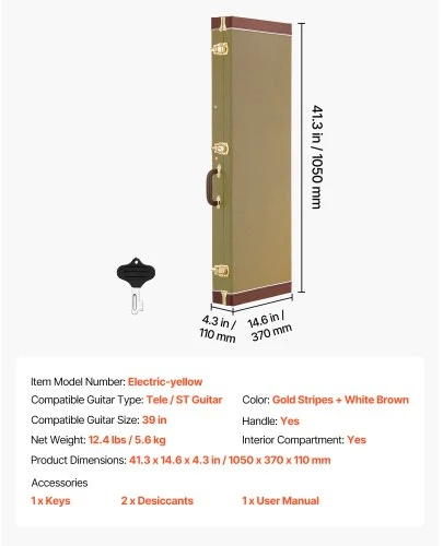 VEVOR Elektrinės gitaros kietas dėklas, 1050 mm, stačiakampis medinis dėklas 39 colių Tele/ST gitaroms, geltonas