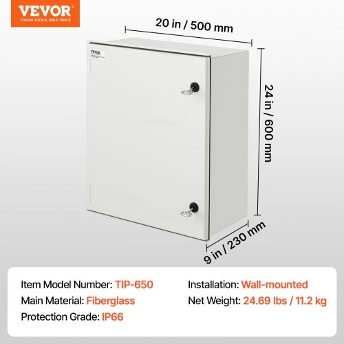 Koduva VEVOR elektrinės spintos korpusas NEMA, 60 x 50 x 23 cm, NEMA 4X, stiklo pluošto, IP66, su montavimo plokšte