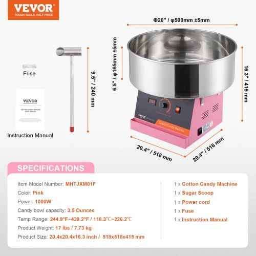 VEVOR Elektrinis cukraus vatos aparatas, 1000 W, rožinis