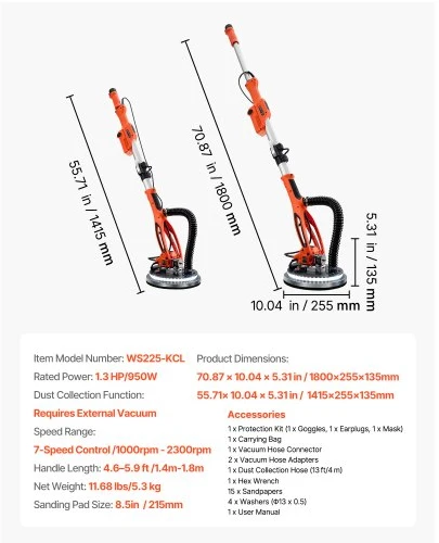 VEVOR Elektrinis gipskartonio šlifuoklis, 950 W, 7 greičių, 1000–2300 aps./min., sulankstoma ir prailginama rankena