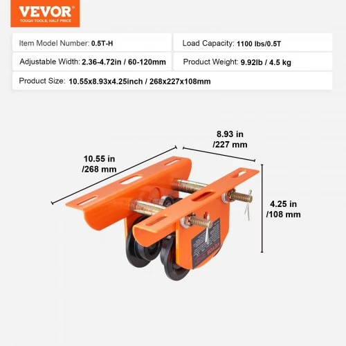 VEVOR Elektrinis grandininio keltuvo rankinis vežimėlis, 499 kg, 6–12 cm reguliuojamas flanšo plotis