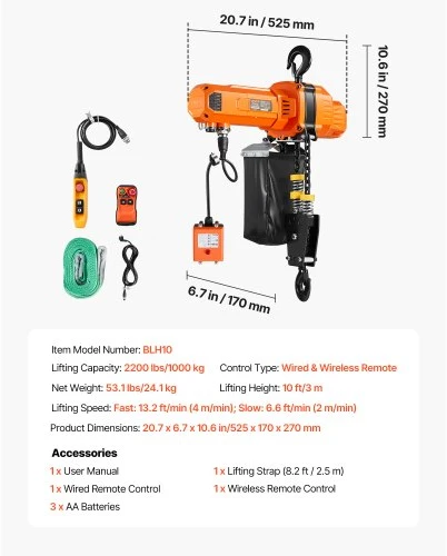 VEVOR Elektrinis grandininis keltuvas, 1000 kg, 3 m, 230 V, belaidis ir laidinis nuotolinis valdymas