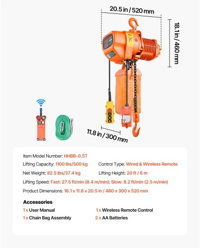 VEVOR Elektrinis grandininis keltuvas 500 kg, 6 m, trifazis, belaidis ir laidinis nuotolinis valdymas