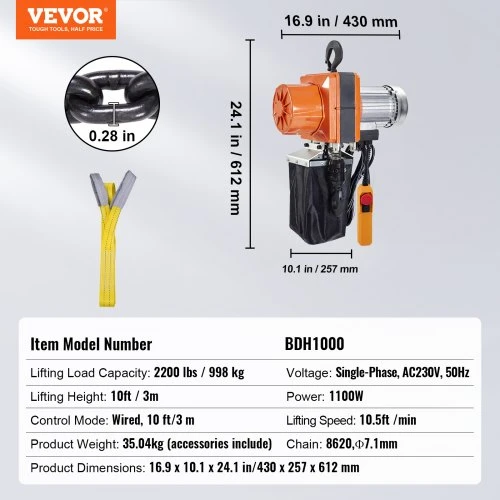 VEVOR Elektrinis grandininis keltuvas, 998 kg, 3 m, 230 V, 10 m laidinis nuotolinio valdymo pultas