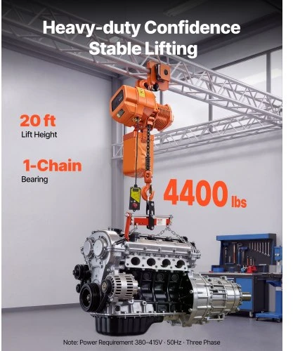 VEVOR Elektrinis grandininis keltuvas 2000 kg, 6 m, trifazis, su 100 m belaide nuotolinio valdymo pultu