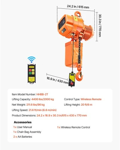 VEVOR Elektrinis grandininis keltuvas 2000 kg, 6 m, trifazis, su 100 m belaide nuotolinio valdymo pultu