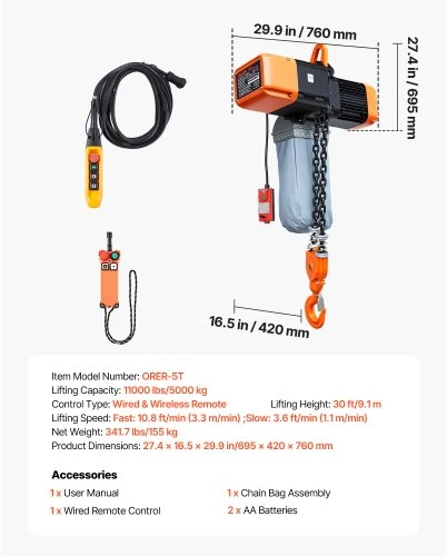 VEVOR Elektrinis grandininis keltuvas, 5000 kg, 9,1 m, 3 fazių, belaidis ir laidinis nuotolinis valdymas