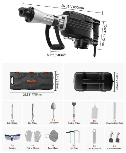VEVOR Elektrinis griautuvinis kūjis, 2800 W, 1200 BPM, su 3 kalteliais, molio kastuvu, dėže ir pirštinėmis, Z1G-ZZB-65