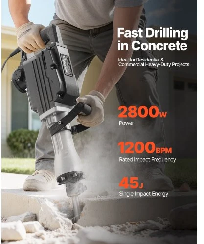 VEVOR Elektrinis griautuvinis kūjis, 2800 W, 1200 BPM, su 3 kalteliais, molio kastuvu, dėže ir pirštinėmis, Z1G-ZZB-65