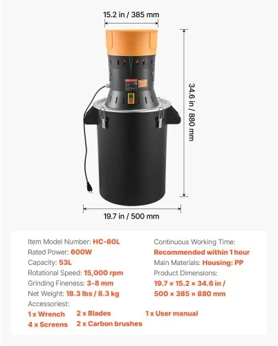 VEVOR Elektrinis grūdų malūnas, 600 W, 53 l