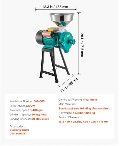 VEVOR Elektrinis grūdų malūnėlis, 2200 W, 50 kg/val., ketaus