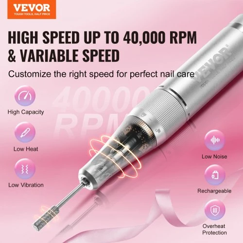 VEVOR Elektrinis įkraunamas nagų frezų aparatas, 40 000 aps./min., belaidis, LCD ekranas, su 6 antgaliais ir 50 šlifavimo juostelių