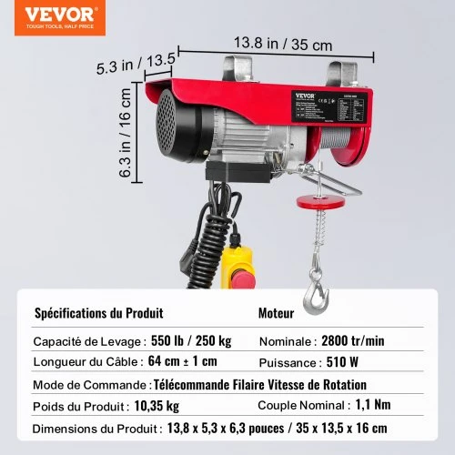 Koduva VEVOR elektrinis keltuvas, 250 kg keliamoji galia, 510 W, 220 V, 12 m vienos troso kėlimo aukštis