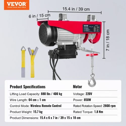 Koduva VEVOR elektrinis keltuvas, 400 kg, 850 W, 220 V, belaidis pultas, 12 m, plieno trosas
