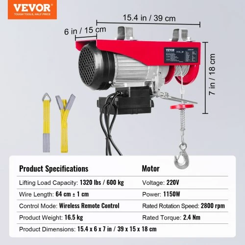 Koduva VEVOR elektrinis keltuvas, 598,7kg, 1150 W, 220 V, belaidis nuotolinio valdymo pultas
