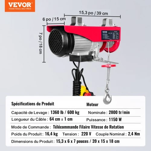 Koduva VEVOR elektrinis keltuvas, 600 kg, 1150 W, 220 V, su laidiniu pultu, 12 m viengyslis kėlimo aukštis