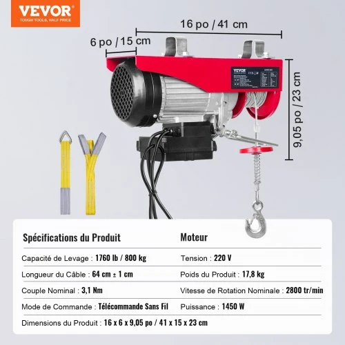 Koduva VEVOR elektrinis keltuvas, 800 kg, 1450 W, 220 V, belaidis nuotolinis valdymas, 12 m