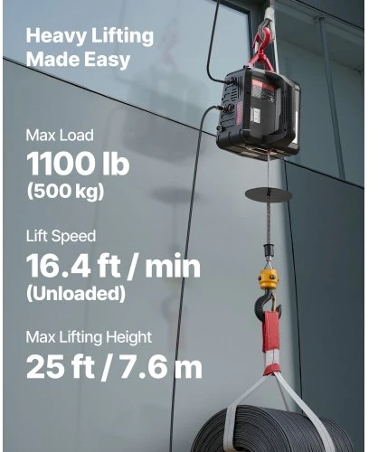 Koduva VEVOR elektrinis keltuvas gervė 2-in-1, 500 kg, 1500 W, 7,6 m, su laidiniu ir rankiniu valdymu