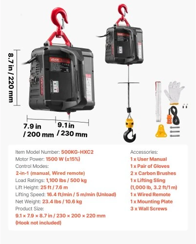 Koduva VEVOR elektrinis keltuvas gervė 2-in-1, 500 kg, 1500 W, 7,6 m, su laidiniu ir rankiniu valdymu