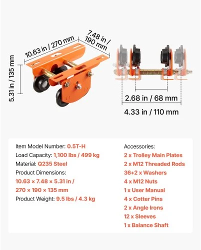 Koduva VEVOR elektrinis keltuvas rankinis vežimėlis, 0,5 t, 68–110 mm, dvigubi ratai, I sijos