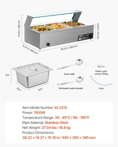 VEVOR Elektrinis maisto šildytuvas, 1500 W, nerūdijančio plieno, 3 indų, su stikliniu dangčiu