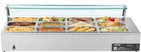 VEVOR Elektrinis maisto šildytuvas, 1700 W, nerūdijančio plieno, su stikliniu dangčiu, 12 indų