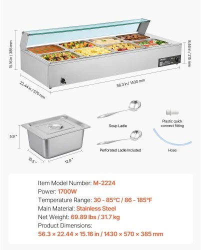 VEVOR Elektrinis maisto šildytuvas 1700 W, nerūdijančio plieno, 8 indų, su stikliniu dangčiu