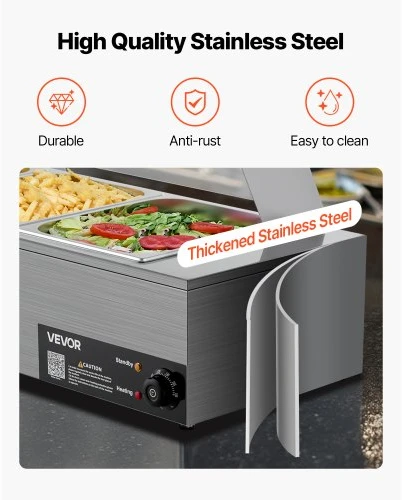 VEVOR Elektrinis maisto šildytuvas, 1500 W, nerūdijančio plieno, 3 indų, su stikliniu dangčiu