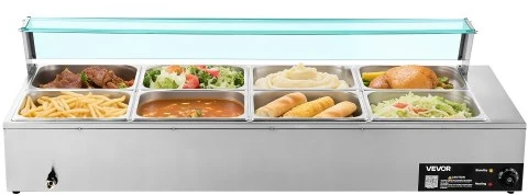VEVOR Elektrinis maisto šildytuvas 1700 W, nerūdijančio plieno, 8 indų, su stikliniu dangčiu