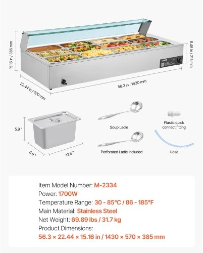 VEVOR Elektrinis maisto šildytuvas, 1700 W, nerūdijančio plieno, su stikliniu dangčiu, 12 indų