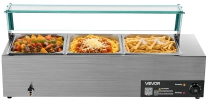VEVOR Elektrinis maisto šildytuvas, 1500 W, nerūdijančio plieno, 3 indų, su stikliniu dangčiu
