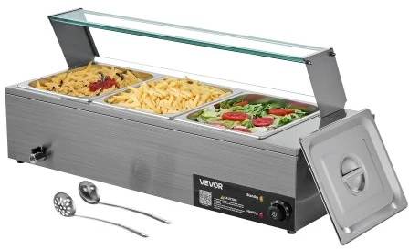 VEVOR Elektrinis maisto šildytuvas, 1500 W, nerūdijančio plieno, 3 indų, su stikliniu dangčiu
