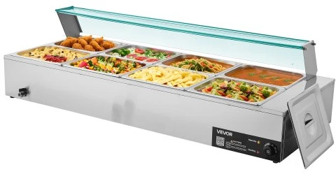 VEVOR Elektrinis maisto šildytuvas 1700 W, nerūdijančio plieno, 8 indų, su stikliniu dangčiu