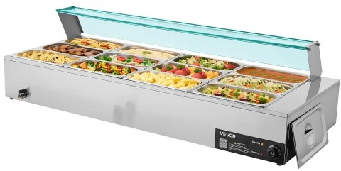 VEVOR Elektrinis maisto šildytuvas, 1700 W, nerūdijančio plieno, su stikliniu dangčiu, 12 indų