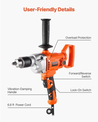 Koduva VEVOR elektrinis maišymo gręžtuvas, 15,89 mm, 0–850 aps./min., 1100 W, su D formos rankena