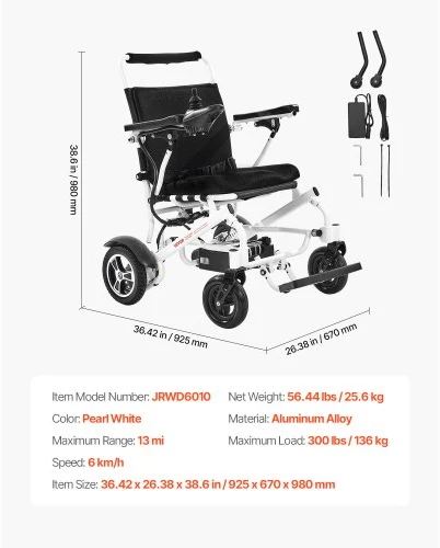 VEVOR Elektrinis neįgaliojo vežimėlis suaugusiems, 136 kg, sulankstomas, 21 km nuvažiuojamas atstumas, 53 cm sėdynė