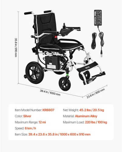 VEVOR Elektrinis neįgaliojo vežimėlis suaugusiesiems, sulankstomas, 100 kg, 19,3 km nuotolis