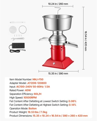 VEVOR Elektrinis pieno grietinėlės separatorius, 60 l/h, 10500 aps./min., 4,5 l dubuo, 40 W, 100–240 V