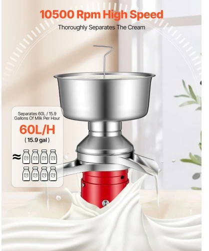 VEVOR Elektrinis pieno grietinėlės separatorius, 60 l/h, 10500 aps./min., 4,5 l, 40 W, 100–240 V