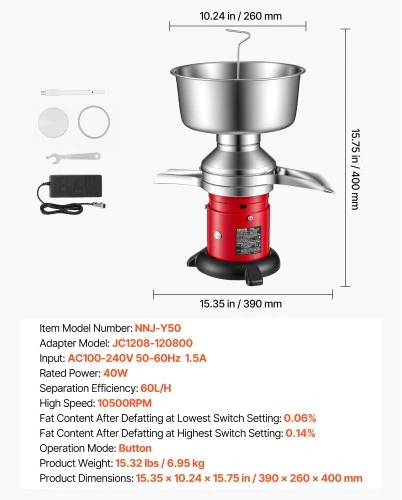 VEVOR Elektrinis pieno grietinėlės separatorius, 60 l/h, 10500 aps./min., 4,5 l, 40 W, 100–240 V
