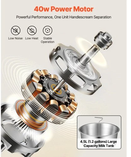 VEVOR Elektrinis pieno grietinėlės separatorius, 60 l/h, 10500 aps./min., 4,5 l dubuo, 40 W, 100–240 V