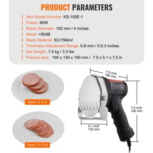VEVOR Elektrinis šaurmos peilis, 80 W, 2 peiliai, 100 mm, reguliuojamas 0–8 mm