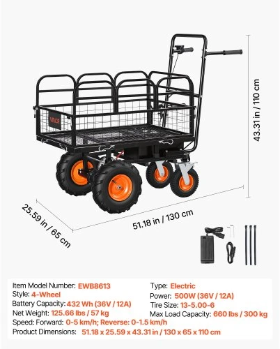 Koduva VEVOR elektrinis sodo vežimėlis EWB8613, 36 V, 432 Wh, 500 W, 300 kg, plieno