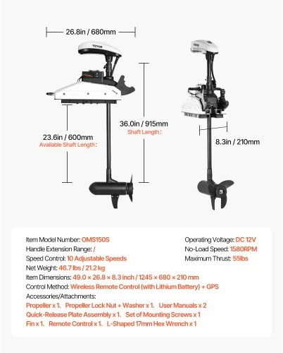 VEVOR Elektrinis trollinginis variklis, 55 lbs trauka, GPS, 10 greičių, 36 colių velenas