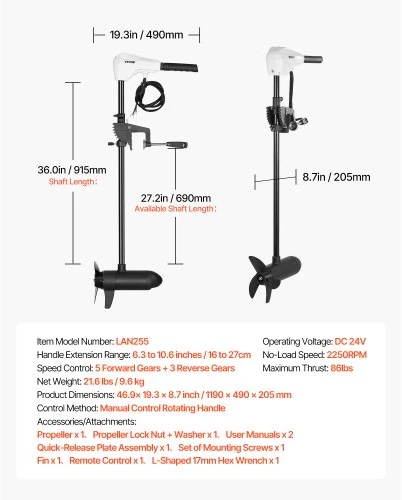 VEVOR Elektrinis trollingo variklis, transom montuojamas, 24 V, 86 lbs, 8 greičių, 36 col. kotas