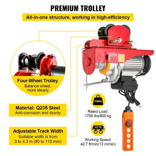 Koduva VEVOR elektrinis trosinis keltuvas 800 kg / 1700 lb, 1300 W, 12 m, modelis PA800
