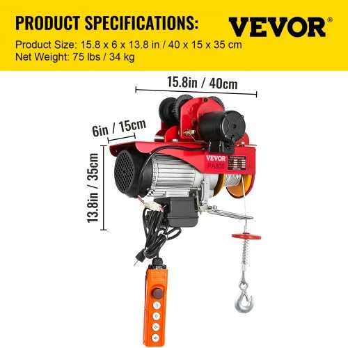 Koduva VEVOR elektrinis trosinis keltuvas 800 kg / 1700 lb, 1300 W, 12 m, modelis PA800